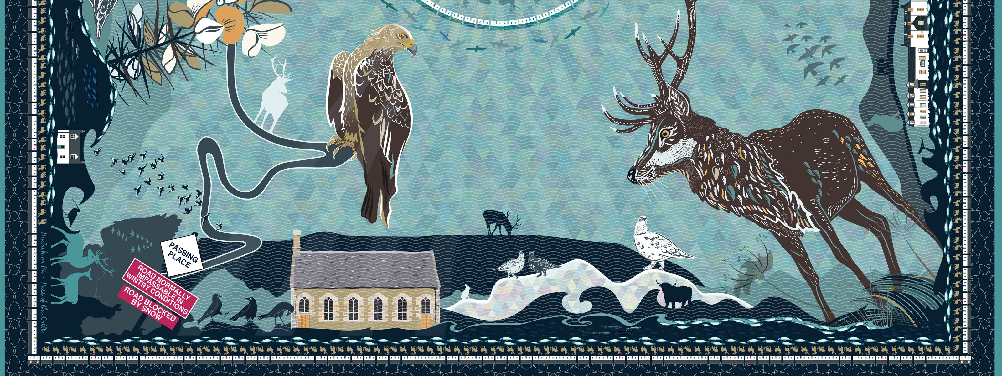 Image of Bealach Na Bà silk scarf detail. Graphic art inspired and designed in the Scottish Highlands for our luxury gifts. Showcasing Applecross.