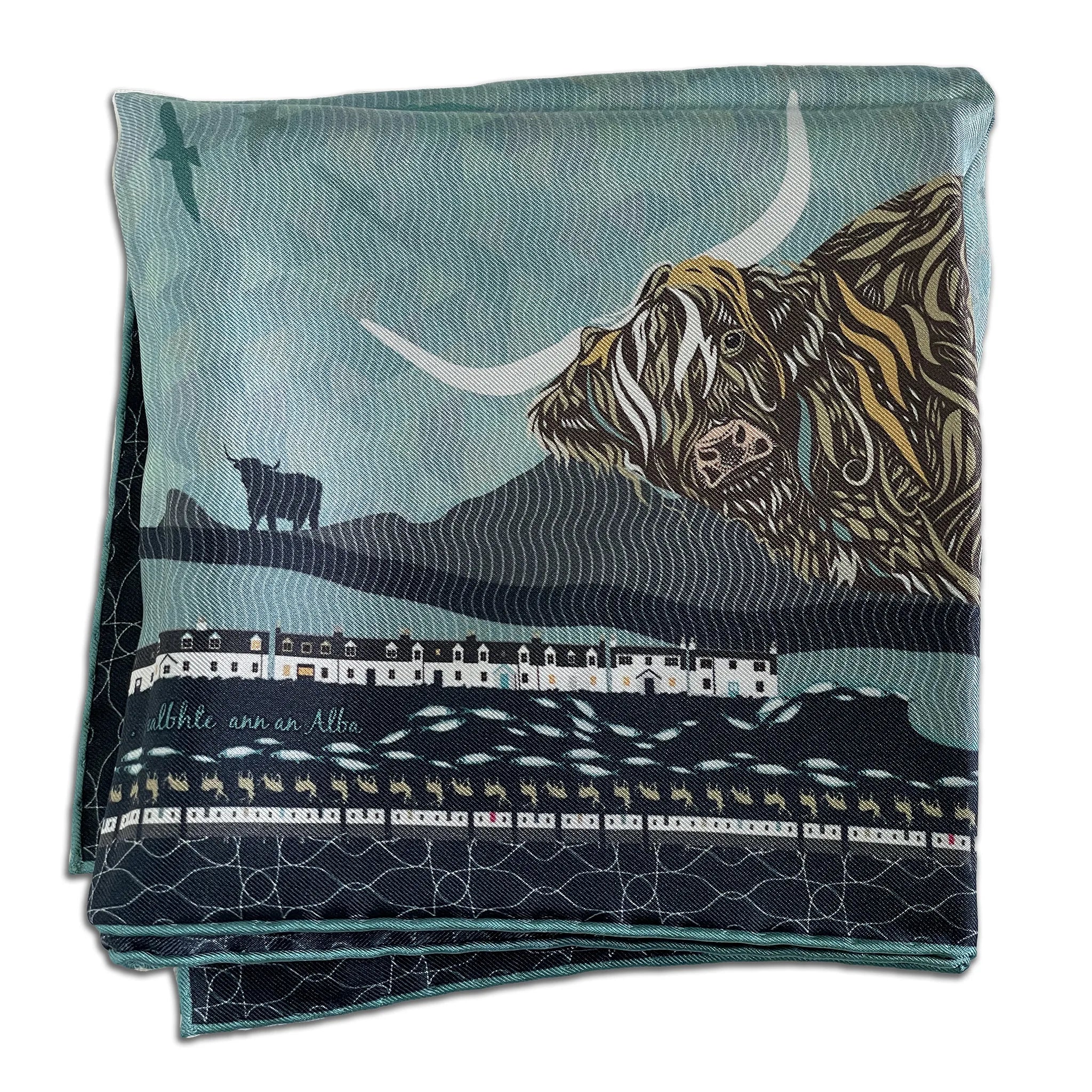 A detail from our Bealach na Bà luxury silk scarf exclusively designed in Applecross. Luxury Scottish Highland gift.