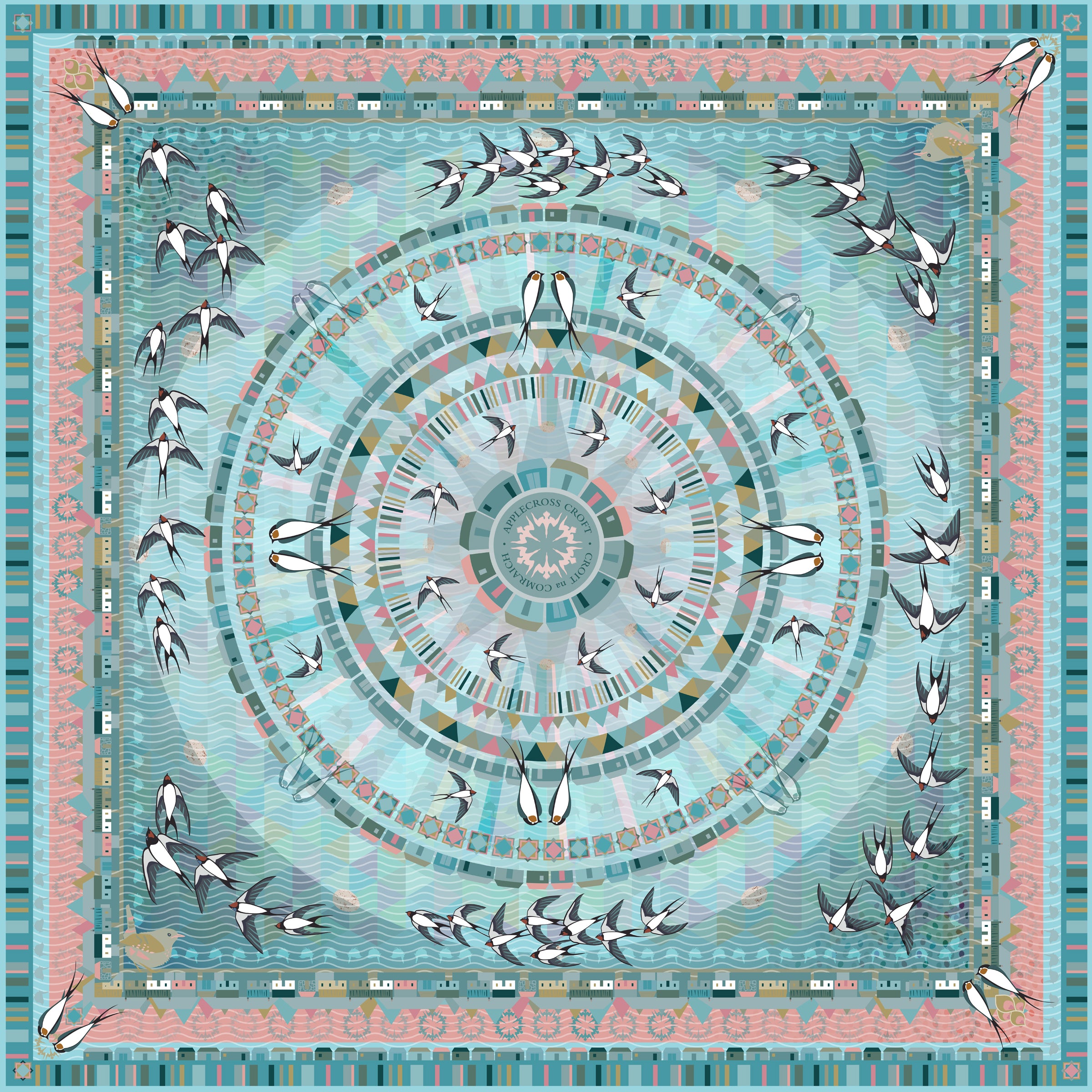 Swallows – luxury silk scarf - a bright, summary design looking up into the sky as swallows swoop and circle.