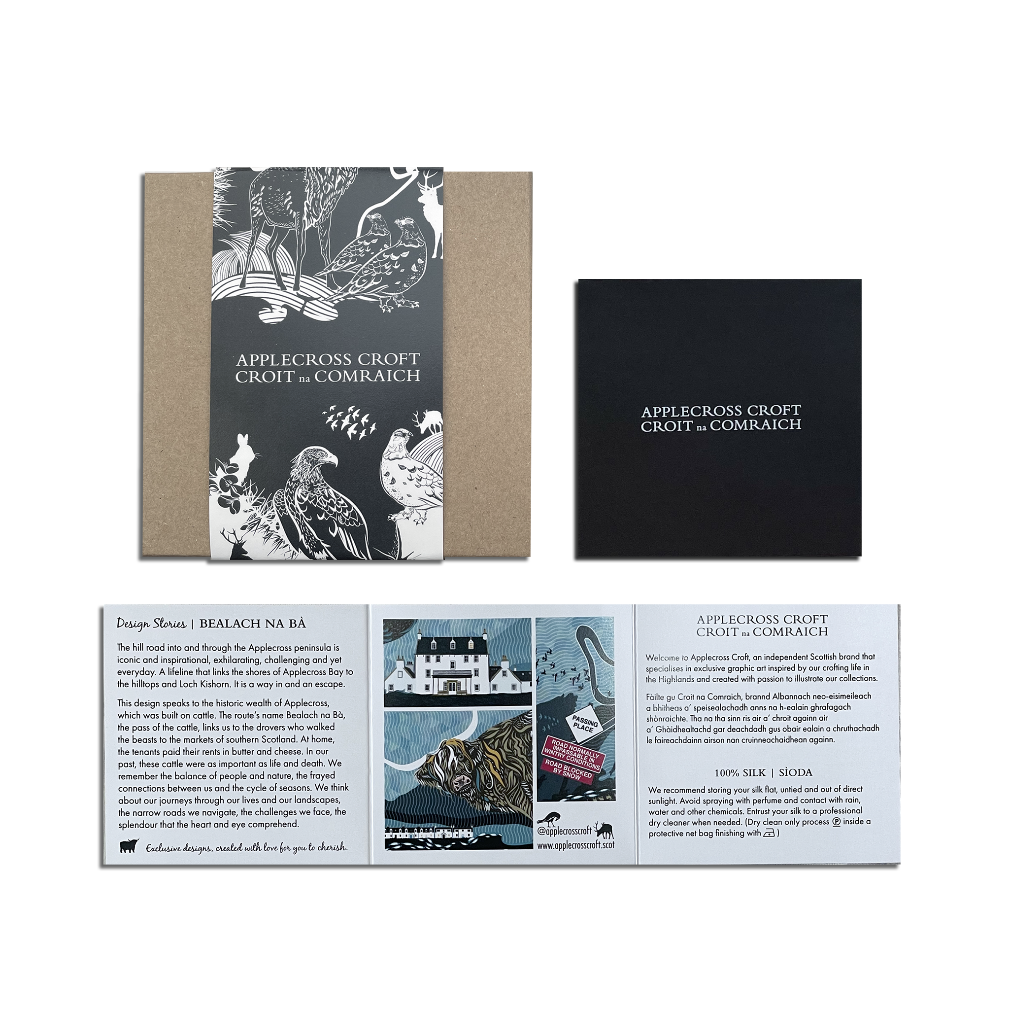 Our branded silk scarf gift packaging including the design story for our luxury silk scarves.