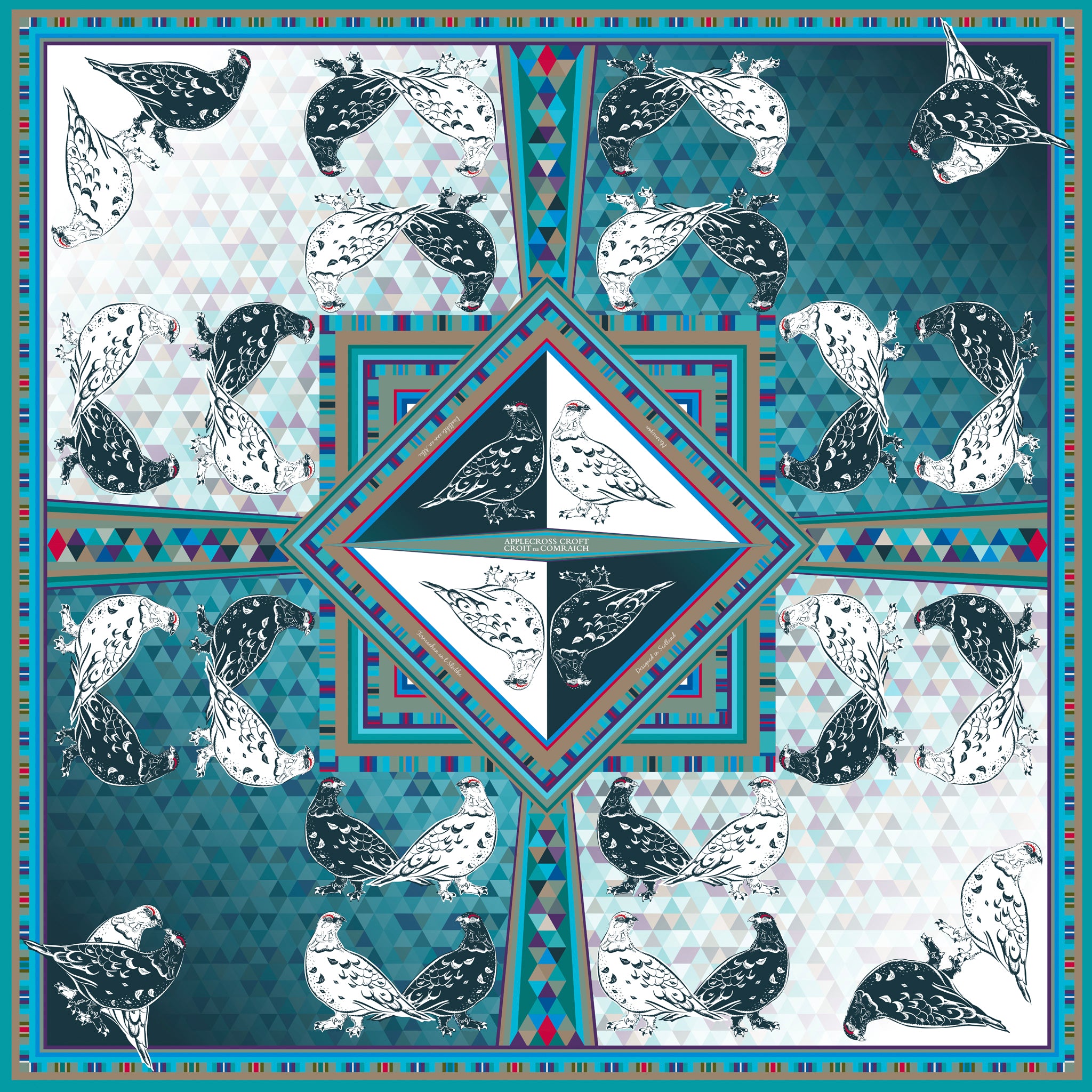 Ptarmigan exclusive silk scarf design by Applecross Croft – luxury Scottish Highland gift our Ptarmigan design.